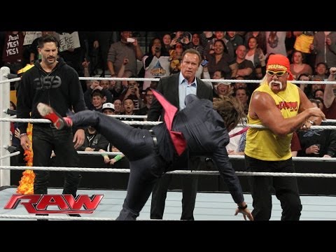 Arnold Schwarzenegger and Joe Manganiello join Hulk Hogan in the ring: Raw, March 24, 2014