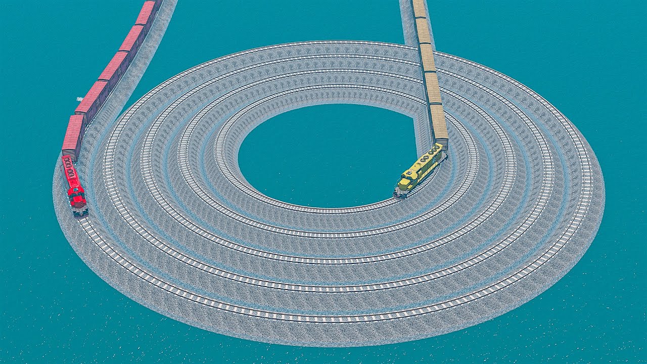 Double Colorful Train vs Quadruple Ceil Loop Impossible Rail Track Crossing Deepwater | BeamNG.drive