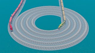 Double Colorful Train vs Quadruple Ceil Loop Impossible Rail Track Crossing Deepwater | BeamNG.drive