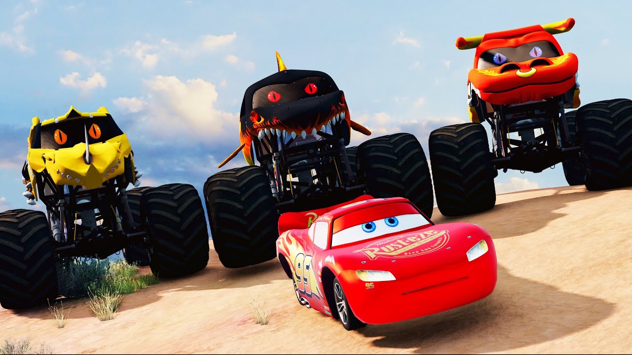 4 Monster Trucks VS 3 Color Lightning McQueen Trap Hunt Mission Story ...