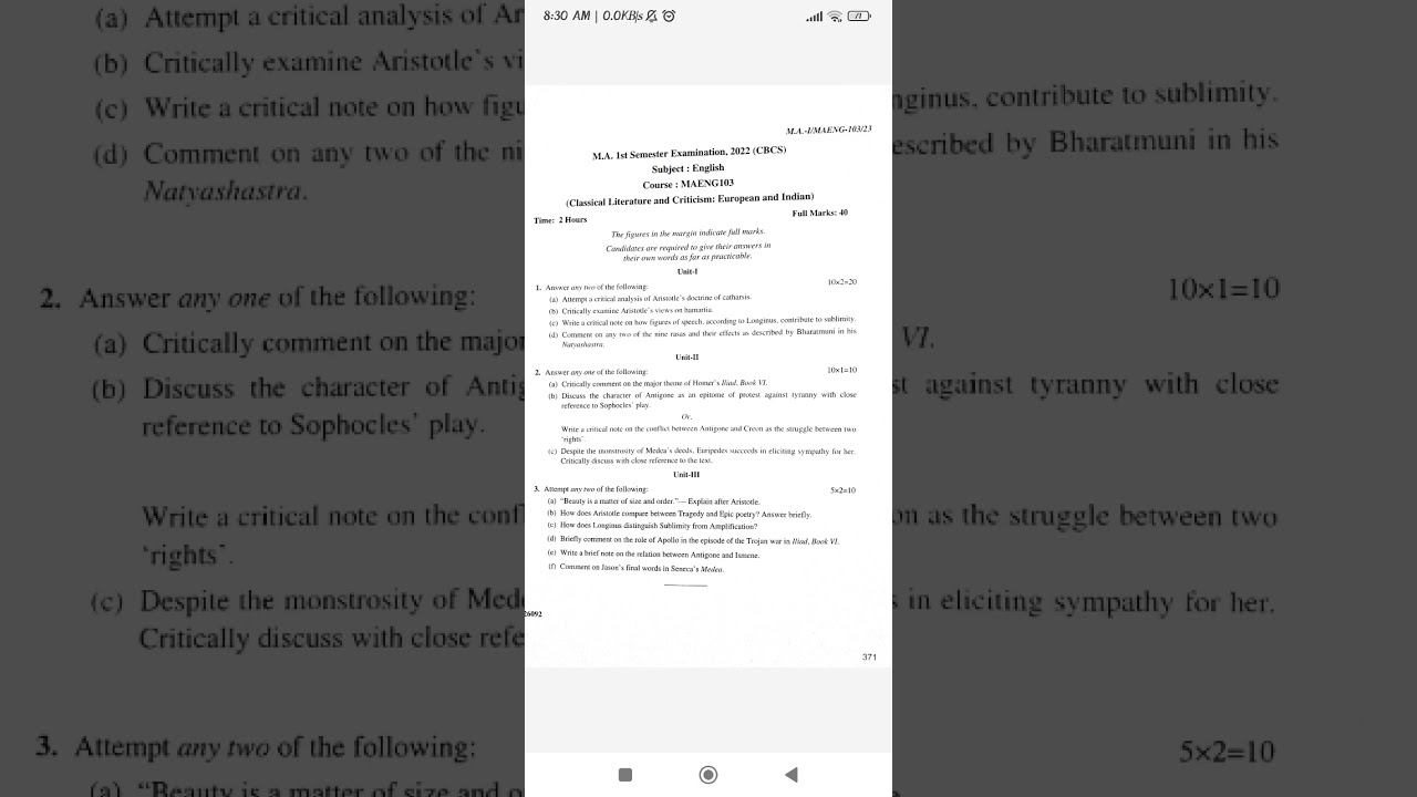 Burdwan University MA 1st Sem English103Question 2022