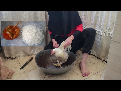 woman butcher chicken and cooking meat with rice/miss Nahila routine