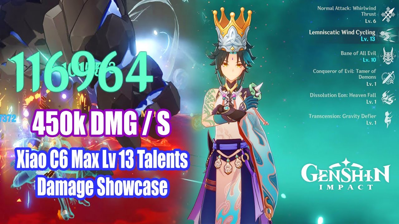 Genshin Impact - Xiao C6 Crowned Talents Max Lv 13 Damage Showcase - 450k  DMG Per S 