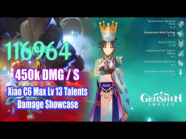 Genshin Impact - Xiao C6 Crowned Talents Max Lv 13 Damage Showcase - 450k  DMG Per S 