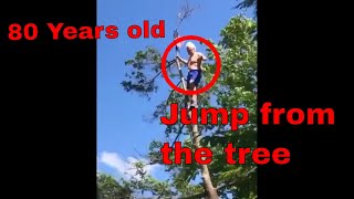 80 year old grandpa jumps from a tree into a bay