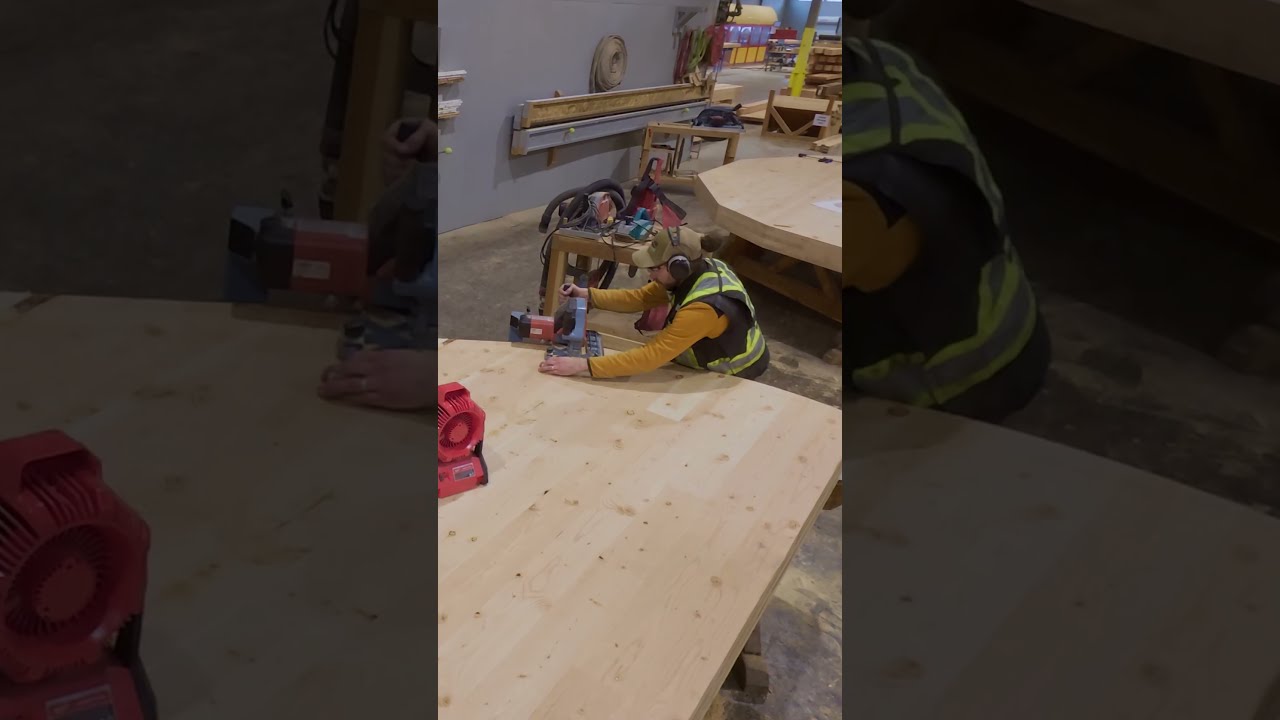 Using a bandsaw to cut this 17-foot-long CLT for a