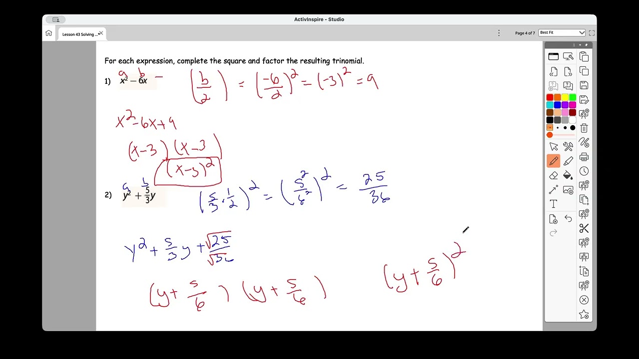 Lesson 43 Lesson 43 Solving by Completing the Square