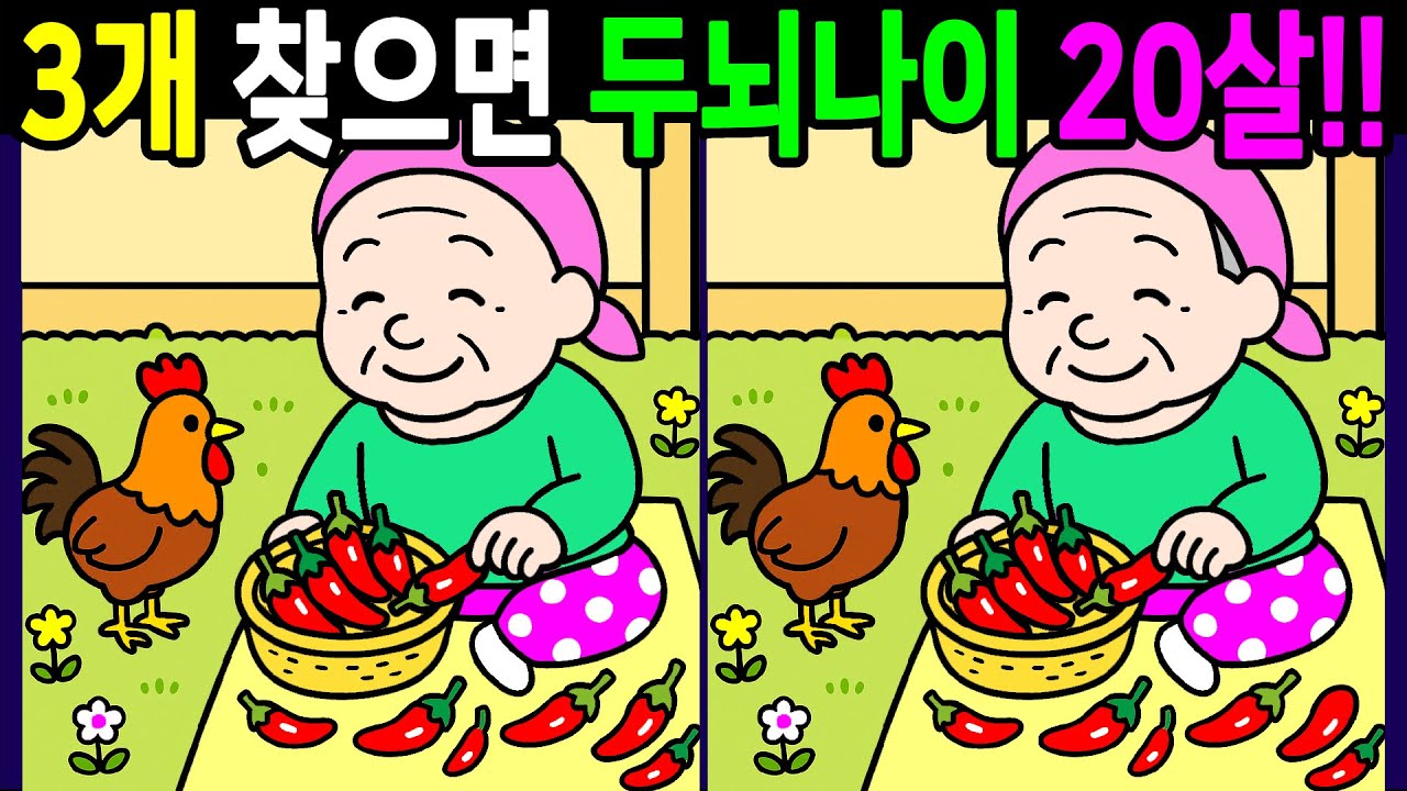 💯다른그림찾기/두뇌운동/집중력/차이점 3개 찾으면 건강한 두뇌나이 20대! 60대 70대 치매 테스트 시니어 퀴즈 【치매예방/3개 찾기/5문제/Find thedifferences】