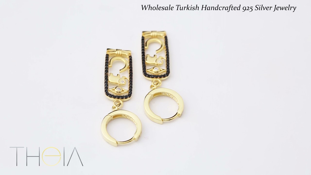 Black Zircon Framed Figurative Design Turkish Wholesale Handmade 925 Sterling Silver Dangle Earrings