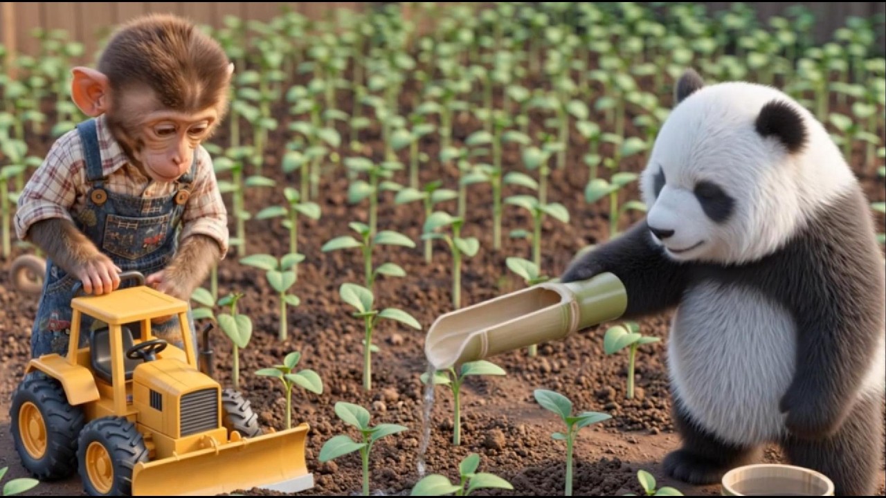 Monkey farmer drives JCB tractor with panda to harvest sunflowers - YouTube