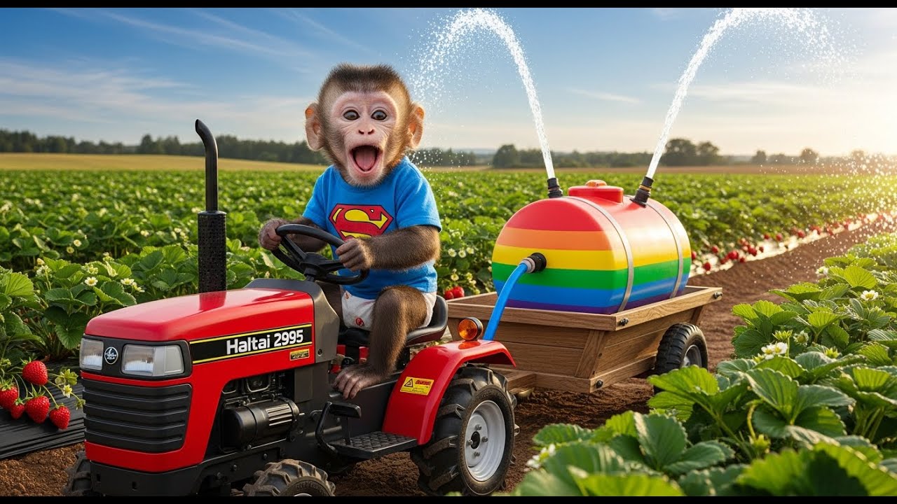 Super Monkey Waters the Strawberry Fields with a Rainbow Tank! 🐵🌈| Monkey Funny