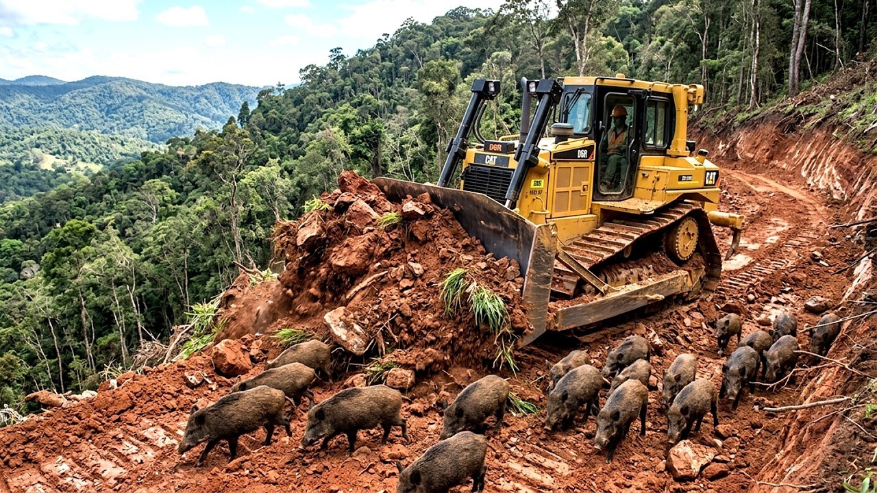 Nicely A Massive Bulldozer Operator Clearing Muddy Terrain Land Leveling For New Transportation Road