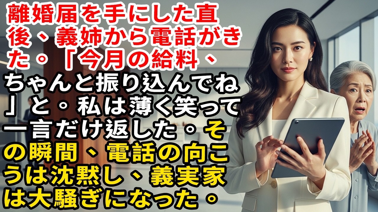 離婚届を手にした直後、義姉から電話がきた。「今月の給料、ちゃんと振り込んでね」と。私は薄く笑って一言だけ返した。その瞬間、電話の向こうは沈黙し、義実家は大騒ぎになった。【静かな復讐】【家族の裏切り】