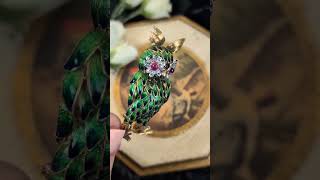 Enamel Owl Brooch in 18k Gold with Diamond & Ruby Eyes Enamel Owl Brooch in 18k Gold with Diamond & Ruby Eyes