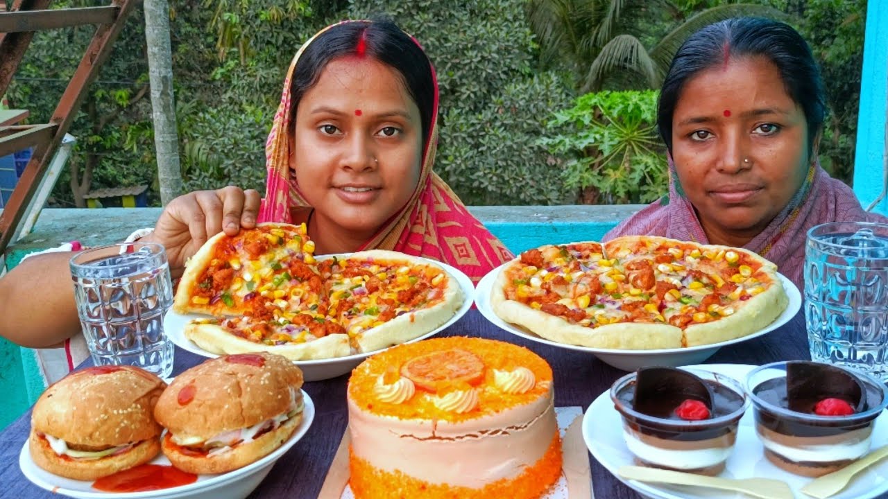 Big size chicken sweet corn pizza, chicken burger, pastry, cake challenging video...With punishment🤮