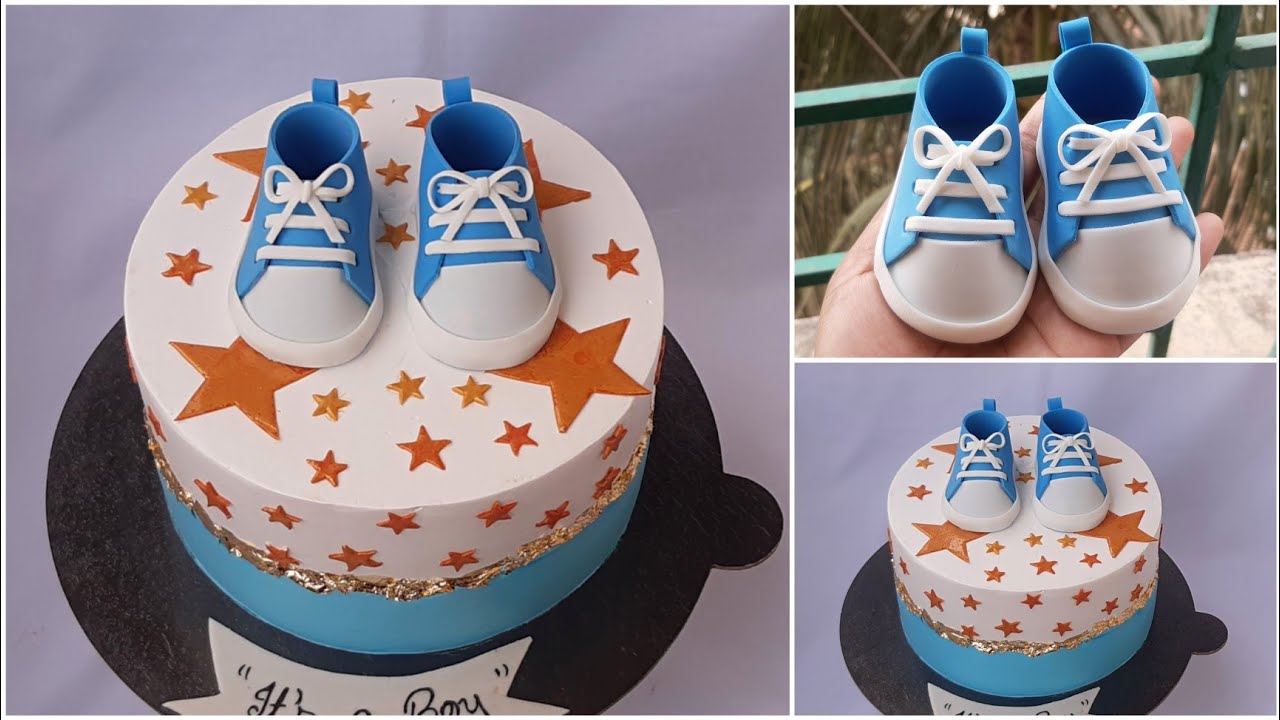 Baby shower cake decoration tutorial /Baby shower cake with fondant baby shoe topper.