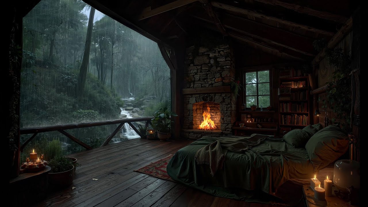 Cozy Bedroom Fireplace & Peaceful Piano in Green🌧 Soft Rain for Deep Sleep, Stress Relief