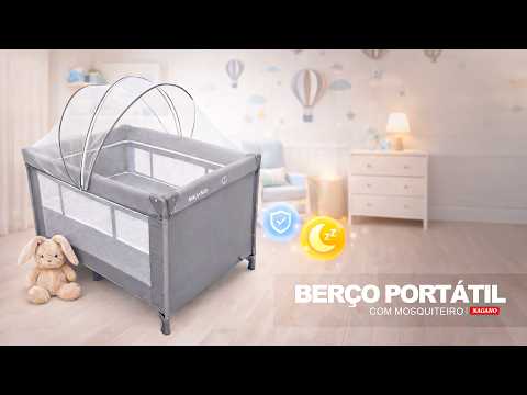 Vídeo de Berço Portátil Infantil Cercado 0-15kg Desmontável com Mosquiteiro Bolsa de Transporte