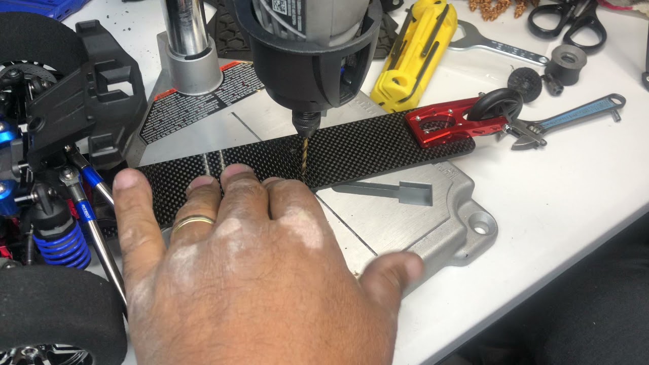 Drilling holes into carbon fiber rc wheelie bar, with your dremel