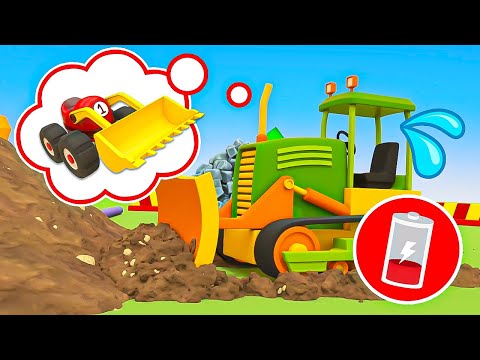 The excavator need help! The small racing cars became diggers to fill the big trucks with soil.