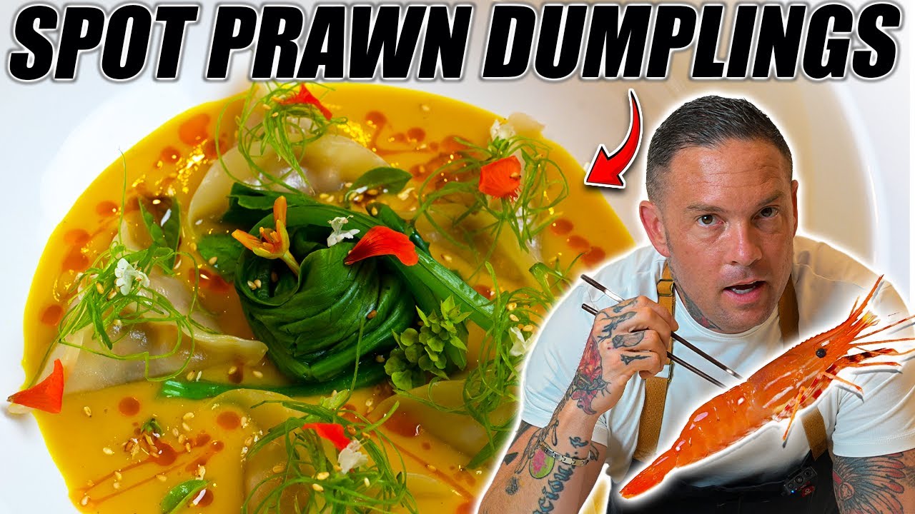 Spot prawn dumplings in fine dining presentation with vibrant carrot and star anise broth