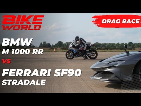 Bike World Vs Carwow Drag Race | BMW M 1000 RR Vs 1000hp Ferrari SF90 Stradale