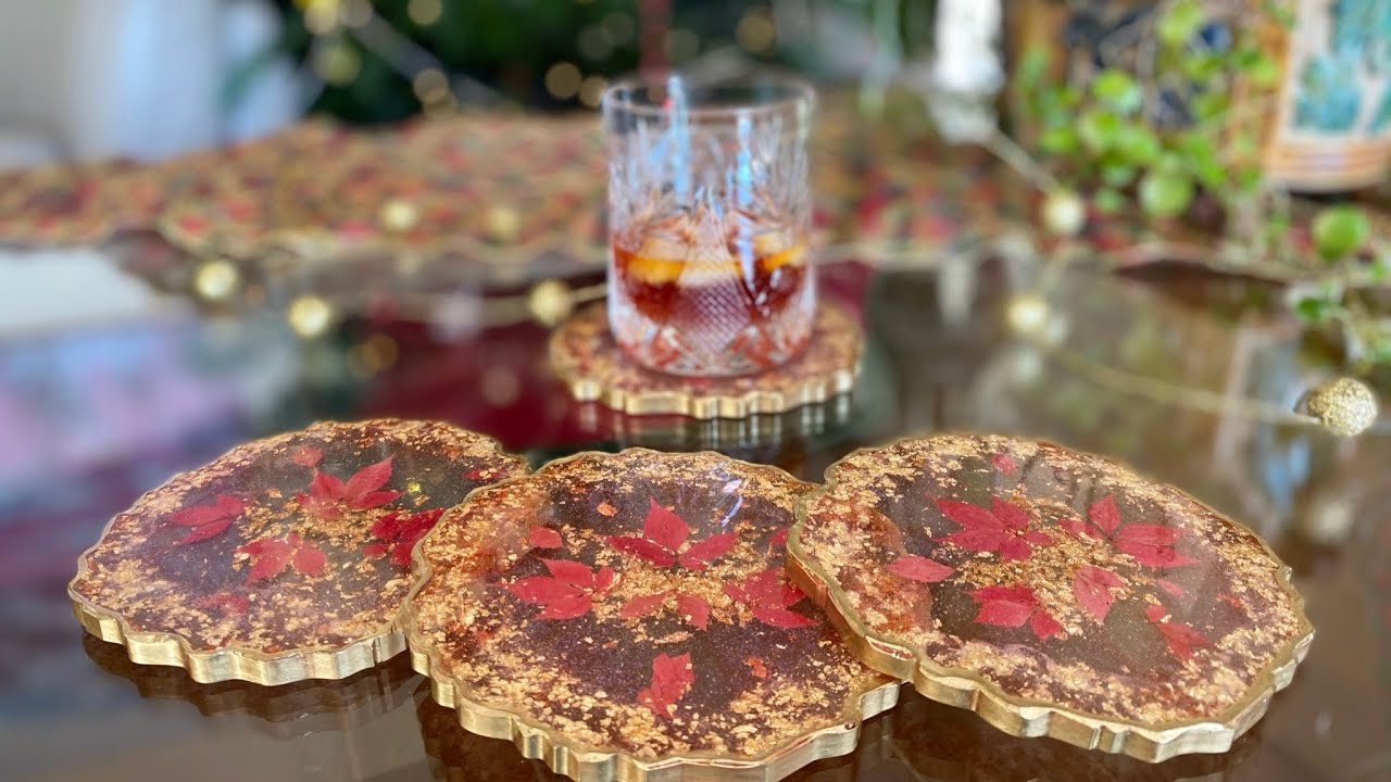 Red and Gold Christmas Inspired Geode Resin Coasters