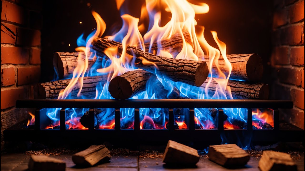 Enjoy a Color-Changing Fireplace – Blue and Orange Fireplace Flames with a Classic Brick Background