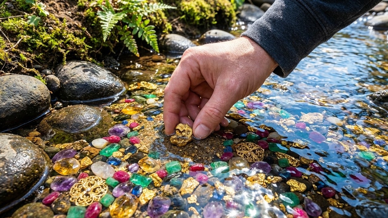 Unbelievable River Treasure Hunt! Gold Nuggets & Colorful Gemstones Found in Clear Stream
