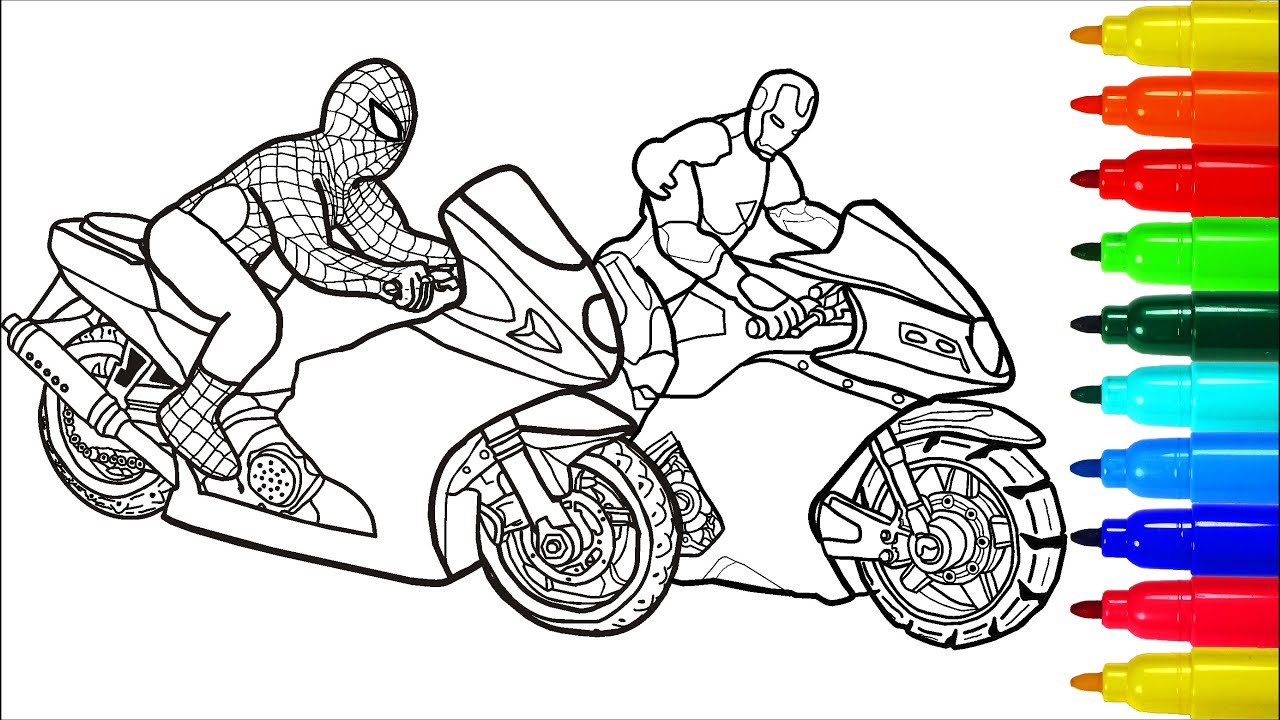 Spiderman Iron Man On Motorcycles Coloring Pages   Colouring Pages for Kids  with Colored Markers