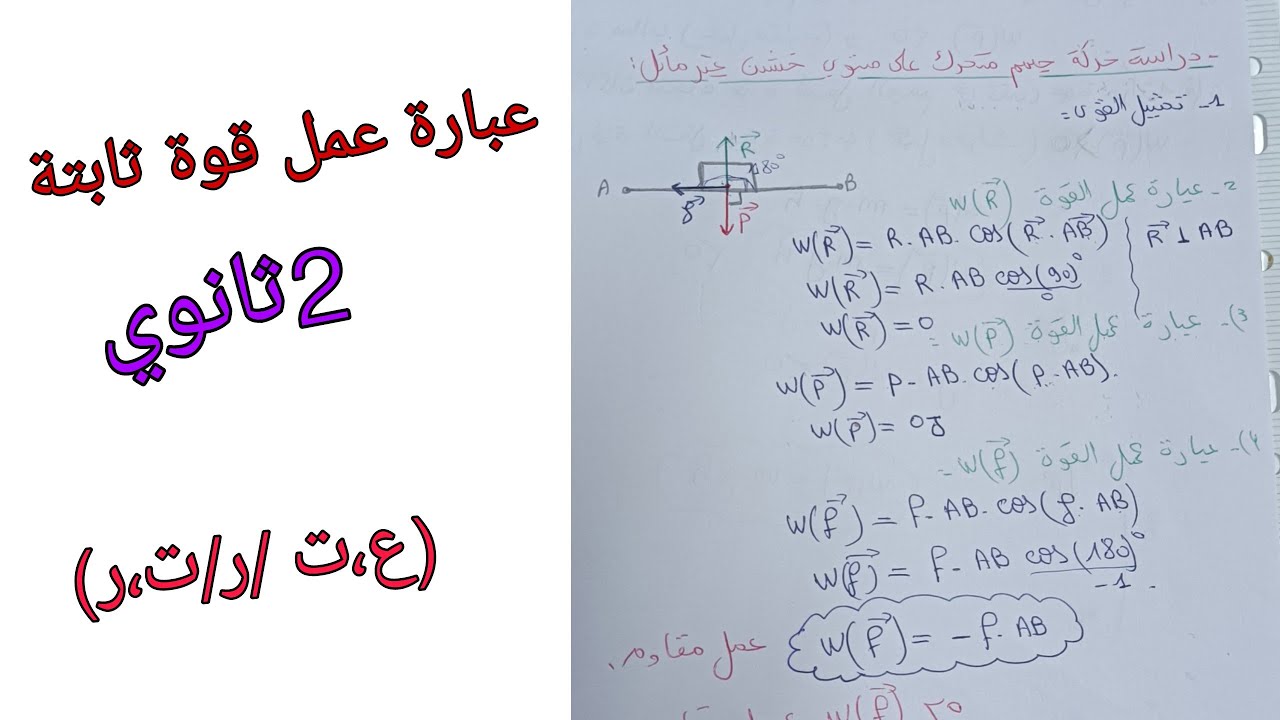 عبارة عمل قوة ثابتة فيزياء ثانية ثانوي جميع الشعب العلمية -العمل والطاقة الحركية