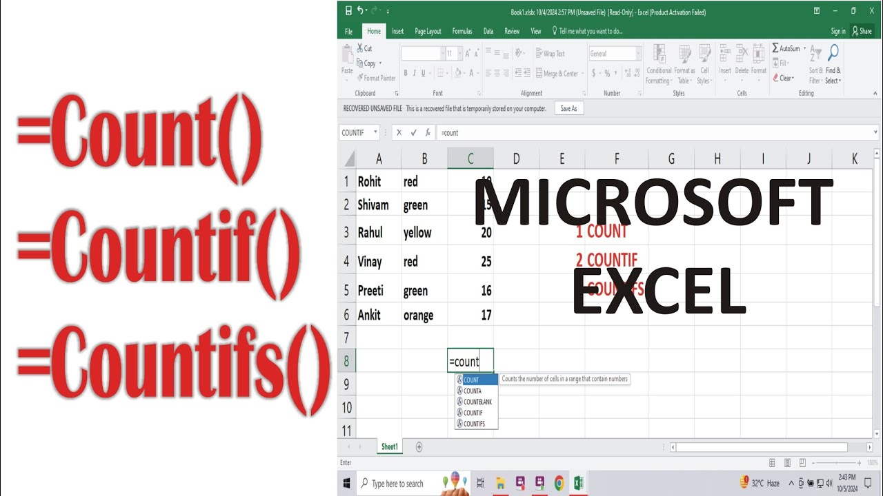 Microsoft Excel : Count Countif Countifs || Hindi || MS Excel Function ...