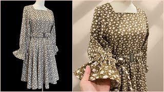🍂 How to sew a beautiful autumn dress 👗 long sleeve dress cutting and sewing screenshot 3