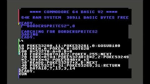 Commodore 64/128 graphics: sprites on the side borders BASIC demo (unreliable)