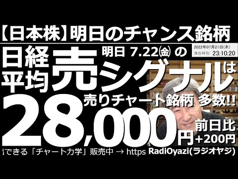 【日本株－明日のチャンス銘柄】日経平均７月22日(金)用の売りシグナルは28,000円！ 日経平均が堅調だ。売りシグナル・ラインも、前日比＋200円と、せりあがっている。個別株にも売りチャートが多い。