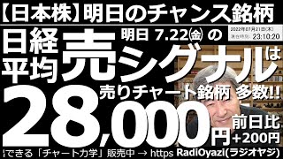 【日本株－明日のチャンス銘柄】日経平均７月22日(金)用の売りシグナルは28,000円！　日経平均が堅調だ。売りシグナル・ラインも、前日比＋200円と、せりあがっている。個別株にも売りチャートが多い。