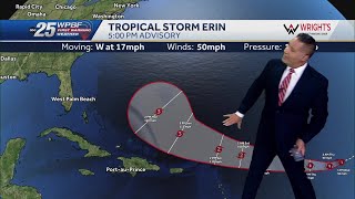 Tropical Storm Erin strengthens as it moves westward in the Atlantic
