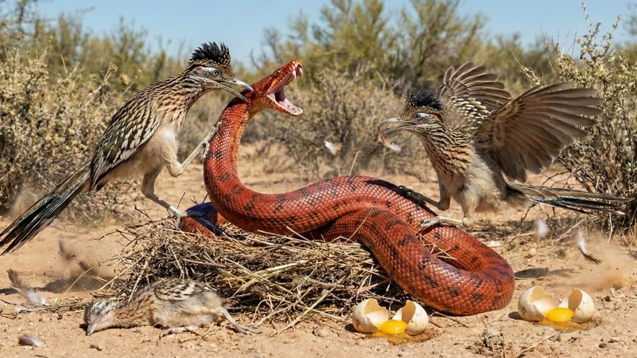 Brutal Desert Battle: Roadrunner vs Giant Red Snake