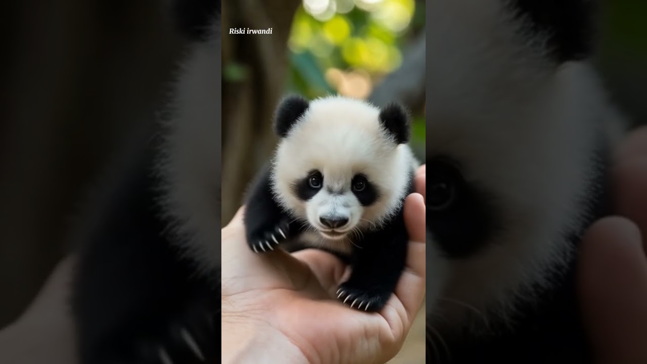 little panda is moving on the palm of the hand 