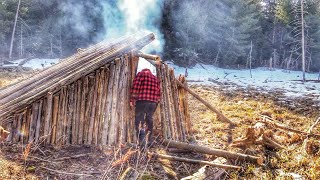 WINTER BUSHCRAFT Camping in Snow Build Natural Primitive Shelter START to FINISH Cook Steak on Rock