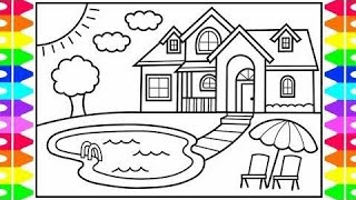 How to draw a house with a pool for kids ❤️💚💜 House with pool drawing and coloring for kids