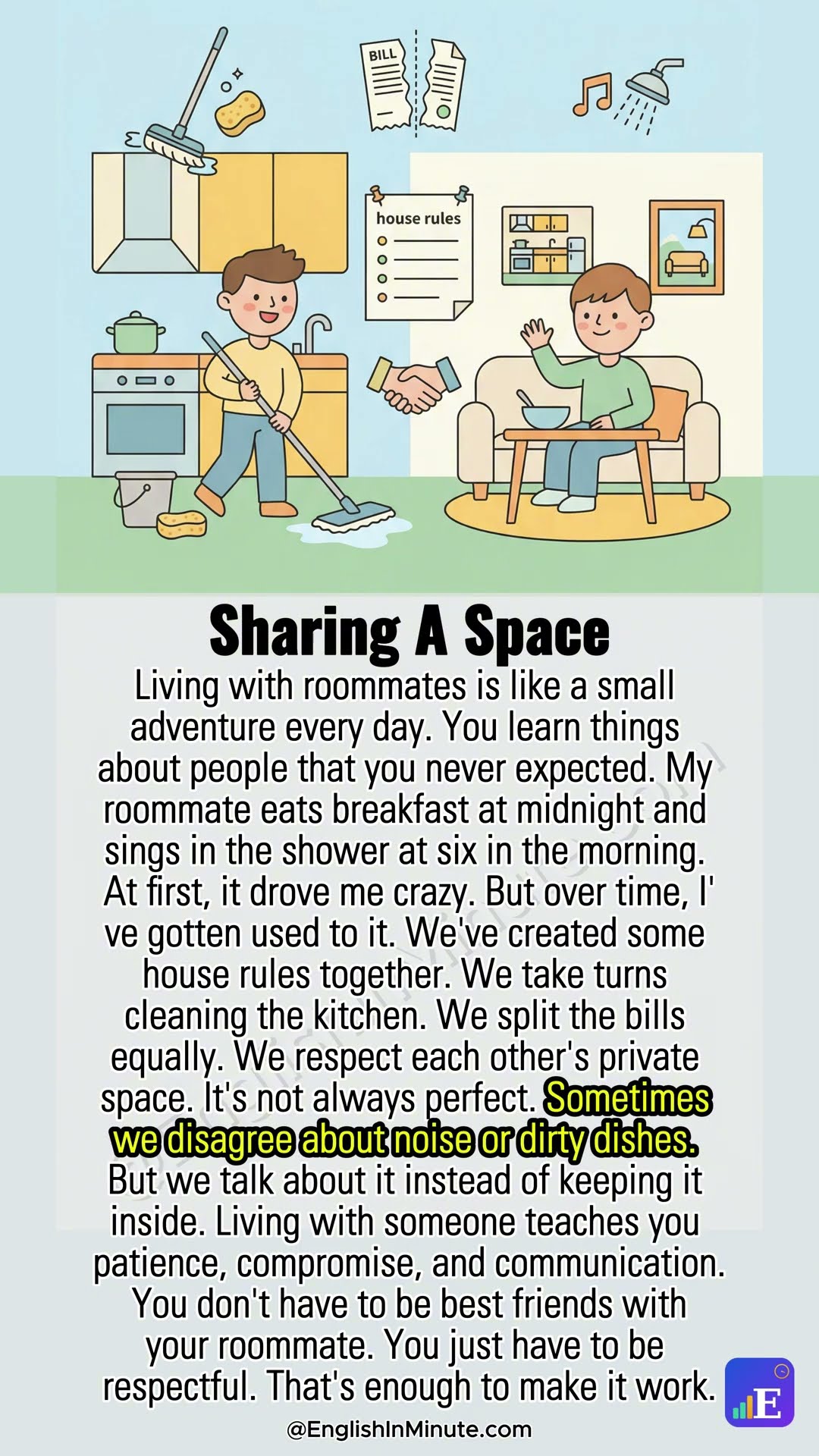 🏠👥 Living With Roommates | 1-Minute English Reading (Pre-Intermediate)  #learnenglish
