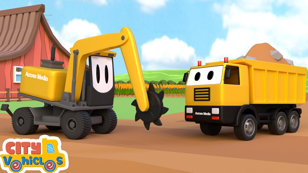 The Tractor harvests the crops and feeds horse- --crane truck; fire truck and excavator for kids.