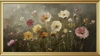 Colourful Wildflower Oil Painting Pink Yellow White Blooms Moody Green | 4K Vintage Wallpaper Art screenshot 1