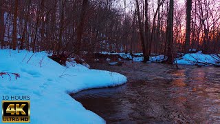 Glowing Sunset on Snowy Forest River - 4k stream sounds - flowing water - white noise - sleep/relax