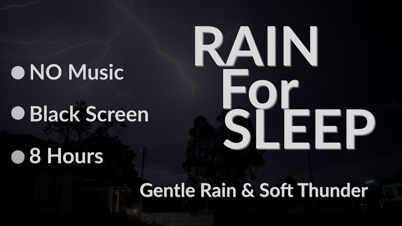 Gentle Rain & Soft Thunder | Black Screen | 8 Hours | No Music