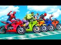 TEAM SPIDERMAN and MOTORCYCLES with Hulk, Deadpool and SUPERHEROES Parkour Challenge SKY RAMP  - GTA