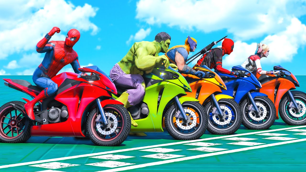 SUPERHERO Competition Challenge  Spiderman, Hulk & Goku Motorbike Jump  over the Ocean #227 