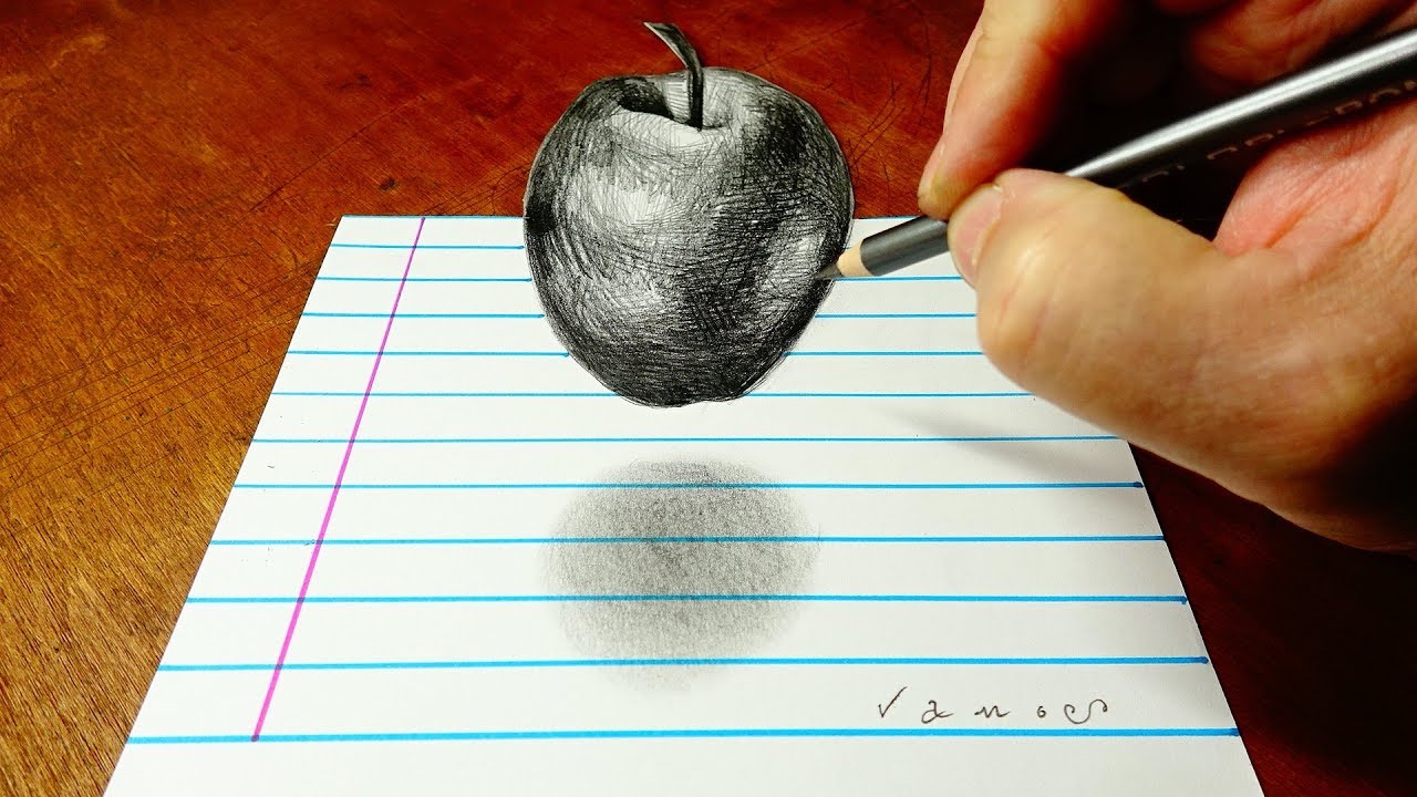 3D Drawing an Apple for You - Trick Art on Lined Paper - By Vamos