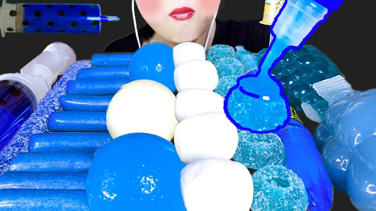 ASMR BLUE FOOD 파란색 디저트 먹방 Juicy drop,Tiktok jelly, Earth gummy Eating